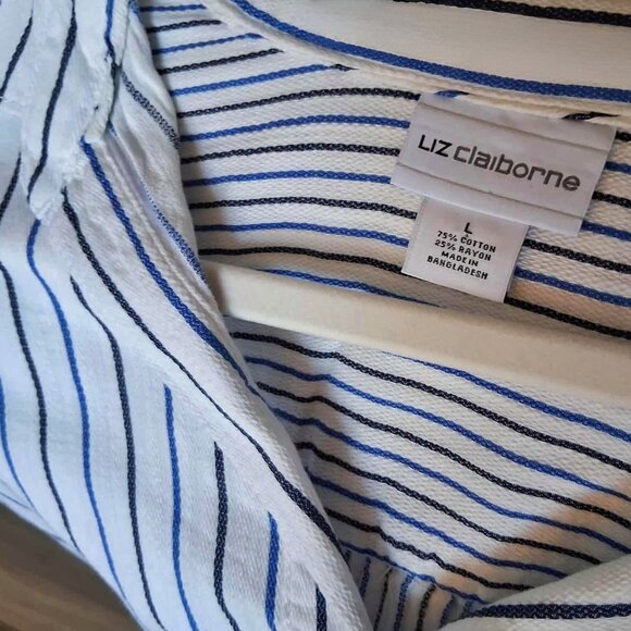 Liz Claiborne Blouse-y Blue Striped Long Sleeve Buttoned Shirt Blouse Size L - Picture 3 of 8